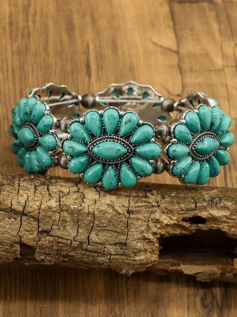 New! Faux Turquoise Floral Cluster Statement Stretch Bracelet